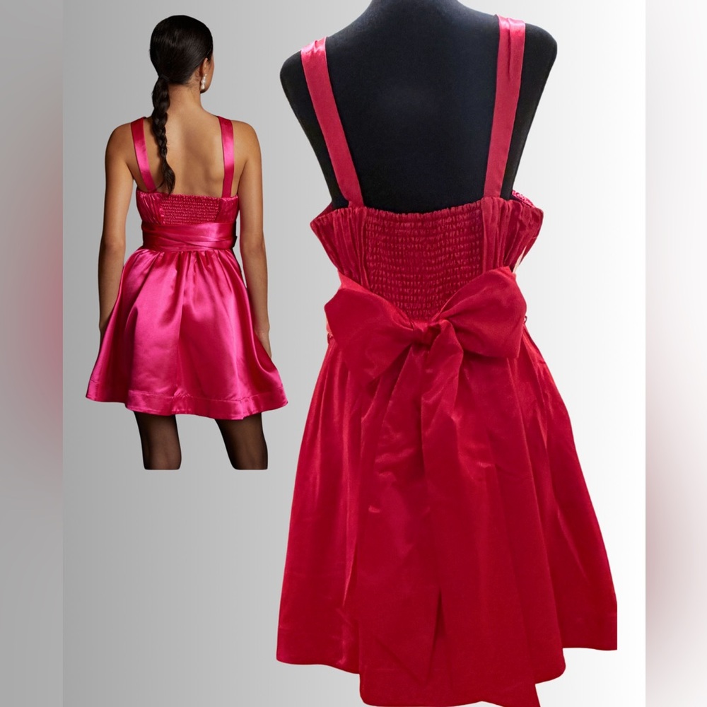 NWT - ANTHROPOLOGIE MAEVE - Pink Satin Mini Bow Cocktail Dress - Sz 14 - Picture 2 of 13